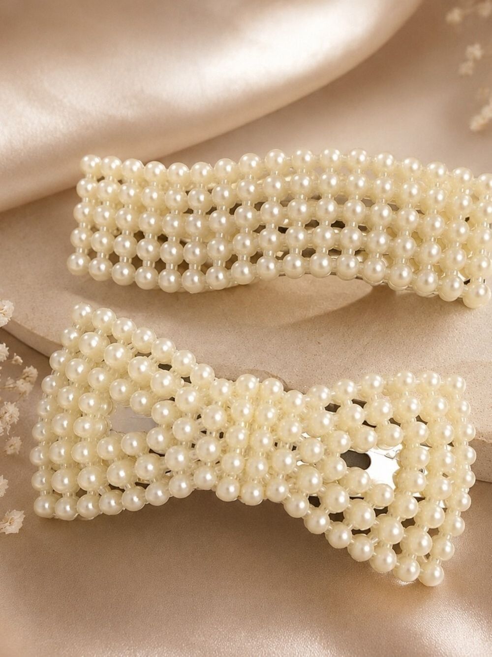 Cream Pearl Beaded Bow Hair Clip Set Of 2